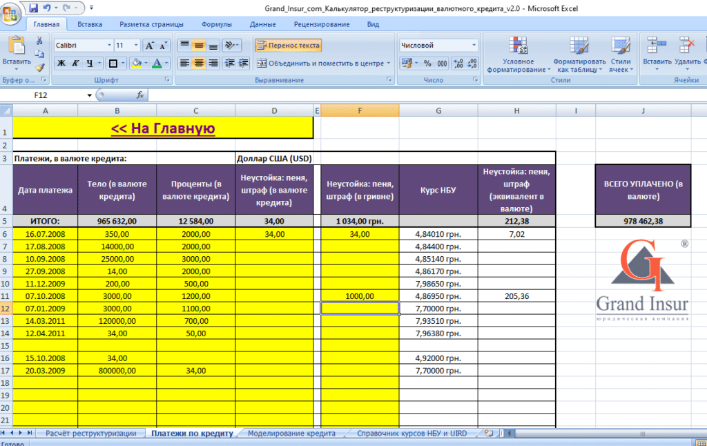 В Excel вводятся платежи по кредиту, которые пересчитываются с целью реструктуризации.